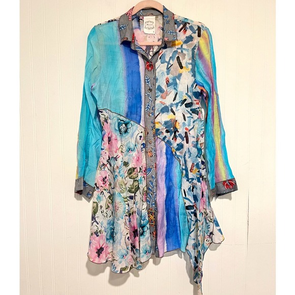 Fleur de Lis Tops - Fleur de Lis Tunic Top Womens Small Blue Floral Patchwork Art to Wear
